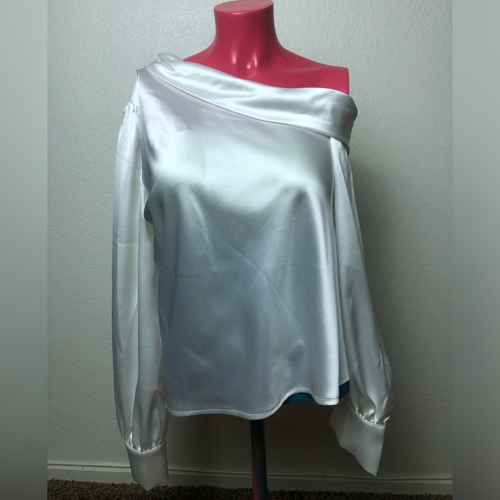Fashion Nova White Satin One-Shoulder Blouse
